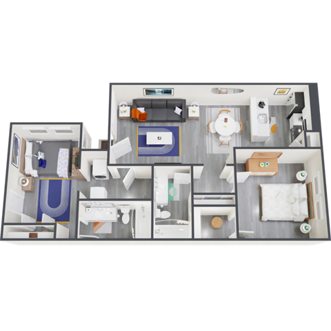 Floor plan for 2 beds, 2 baths, 916 sqft